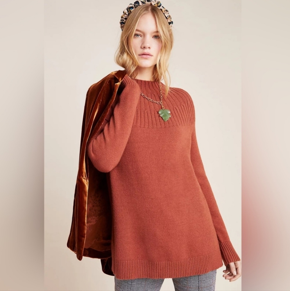Anthropologie‎ Welford Ribbed Mock Tunic Sweater Rust
